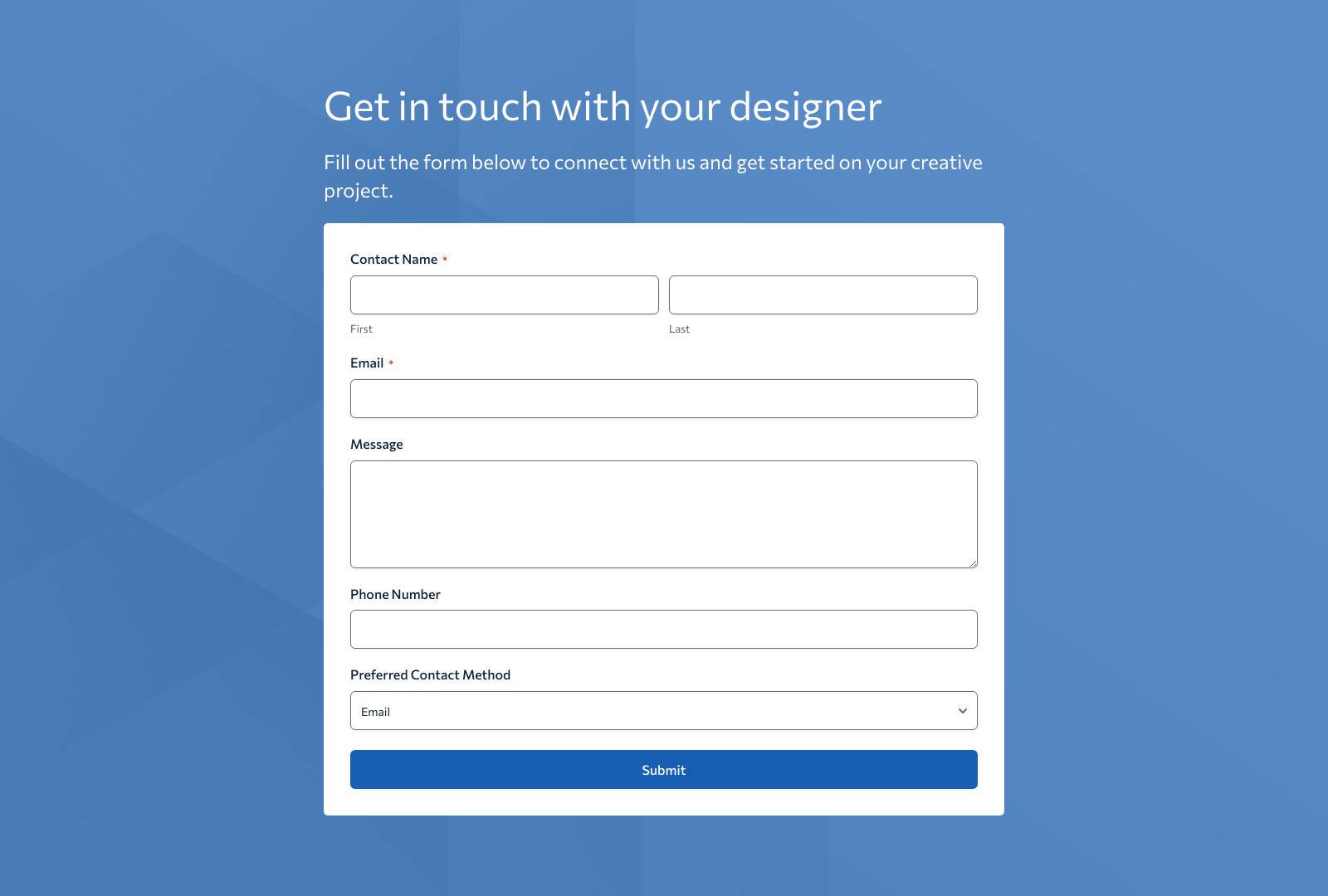 Designer Contact Form Template with fields for name, email, message, and submit button.