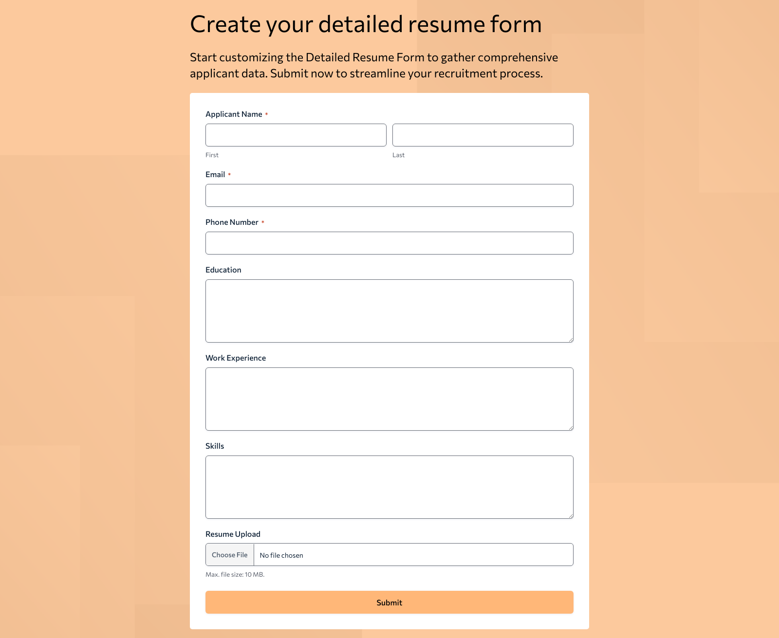 Screenshot of Detailed Resume Form Template with fields for education, skills, and employment history.