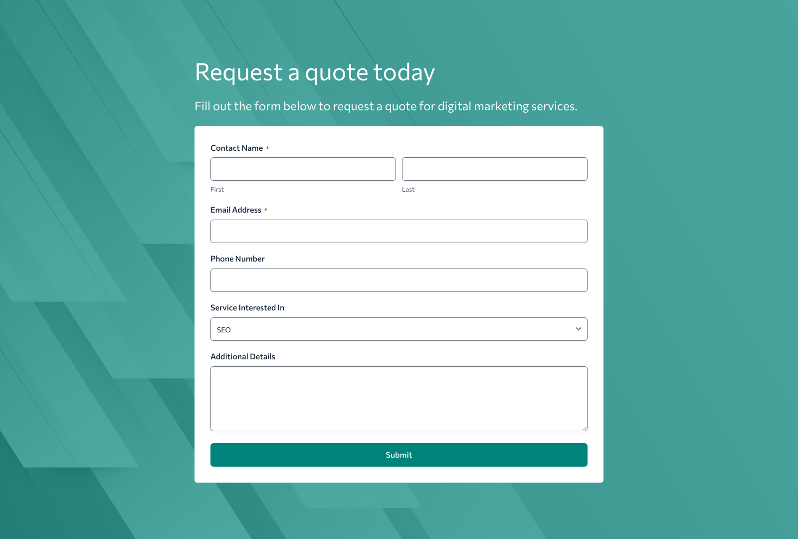 Digital Marketing Consultant Quote Form Template with fields for client details and service options.