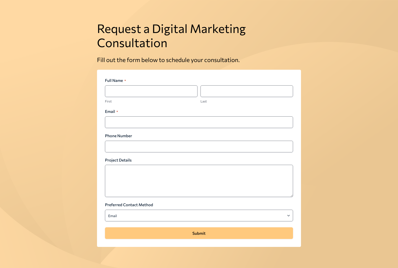 Digital Marketing Consultation Form Template with fields for name, email, and marketing needs.