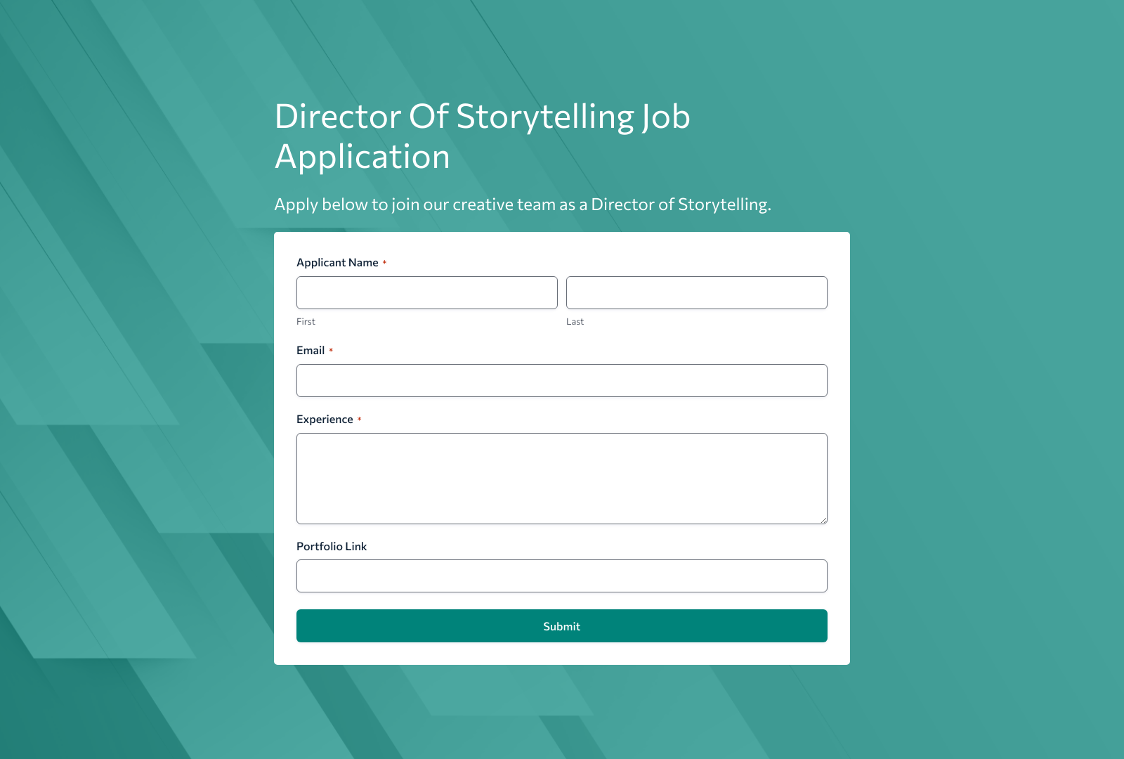 Director Of Storytelling Job Application Form with fields and buttons for structured recruitment setup.