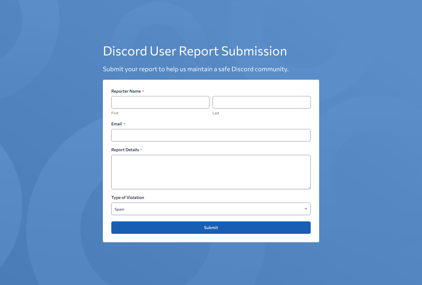 Discord Report Form Template with input fields for user details, report type, and description.