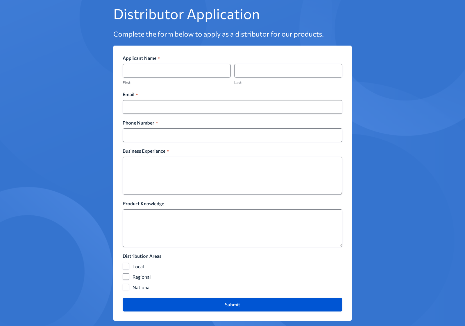 Distributor Application Form Template with fields for personal details, business information, and submission button.