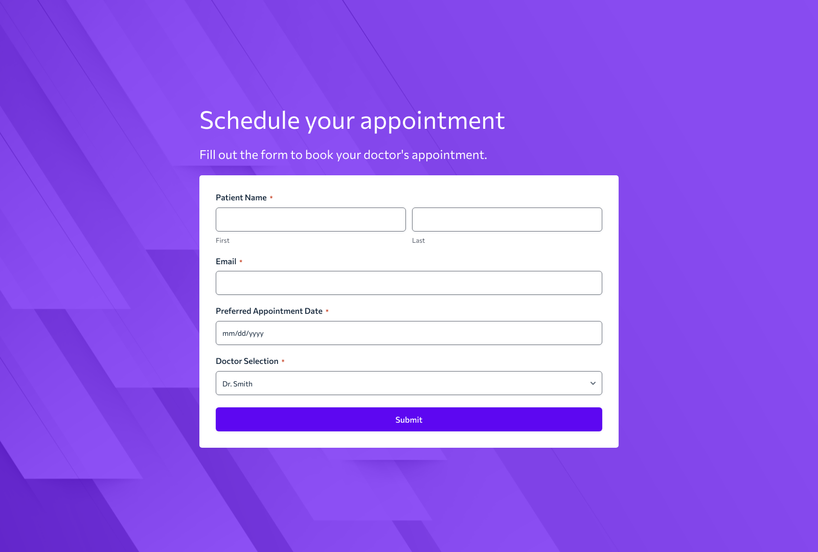 Doctor Appointment Booking Form Template showing fields for patient info, date selection, and submit button.