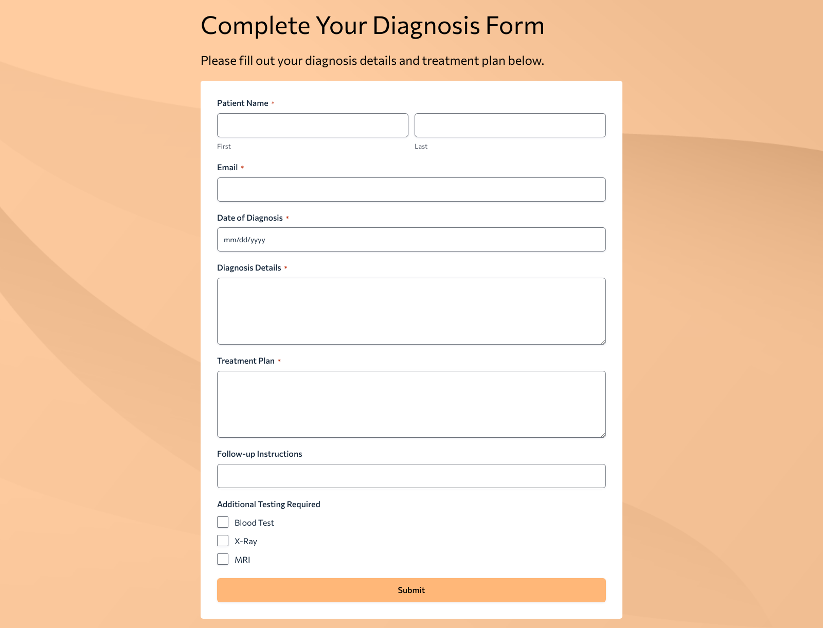 Doctor Diagnosis Form template with fields for patient conditions and treatment plans.