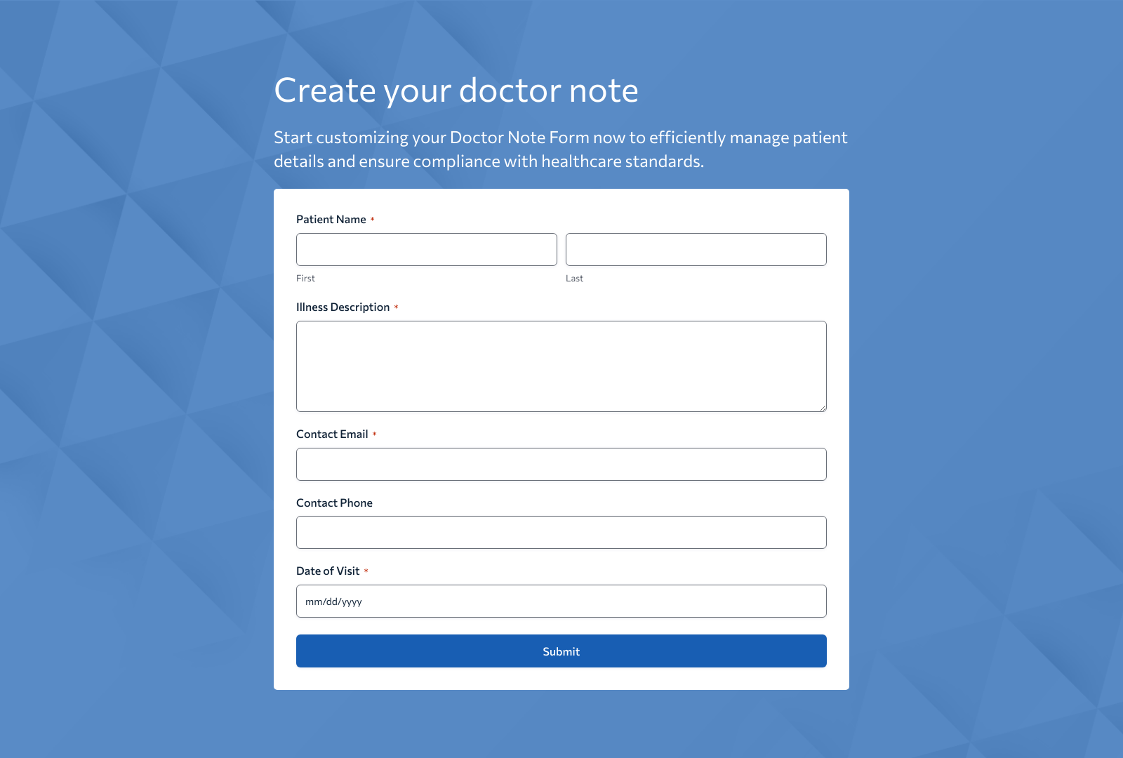 Doctor Note Form Template with fields for patient details, health information, and submission button.
