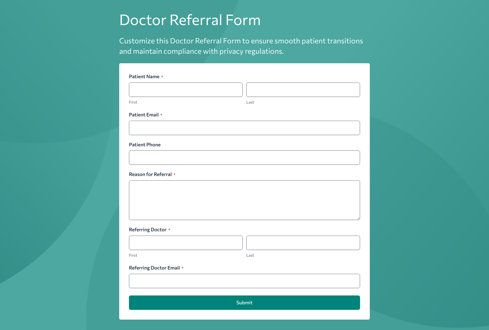 Doctor Referral Form Template with fields for patient info, doctor details, and referral reasons.
