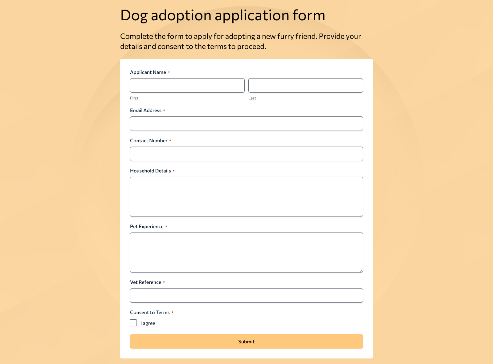 Dog Adoption Application Form Template with fields for personal and pet preference information.