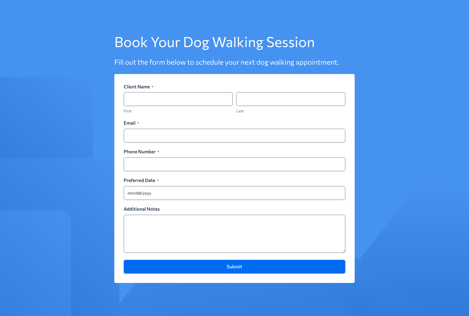 Dog Walking Booking Form Template showing fields for name, contact, and appointment details.