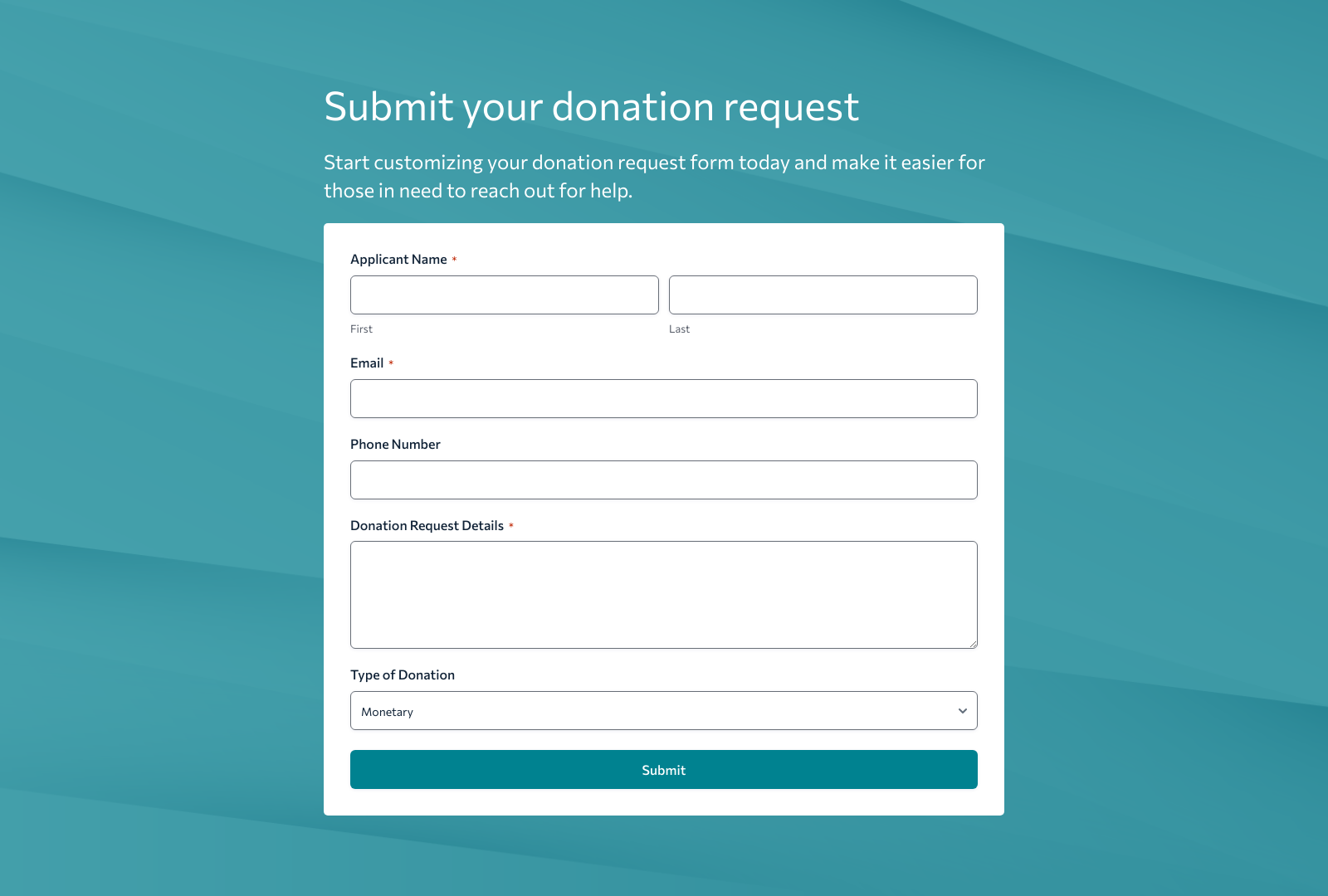 Donation Request Form Template with fields for donor details and donation amount, submit button visible.