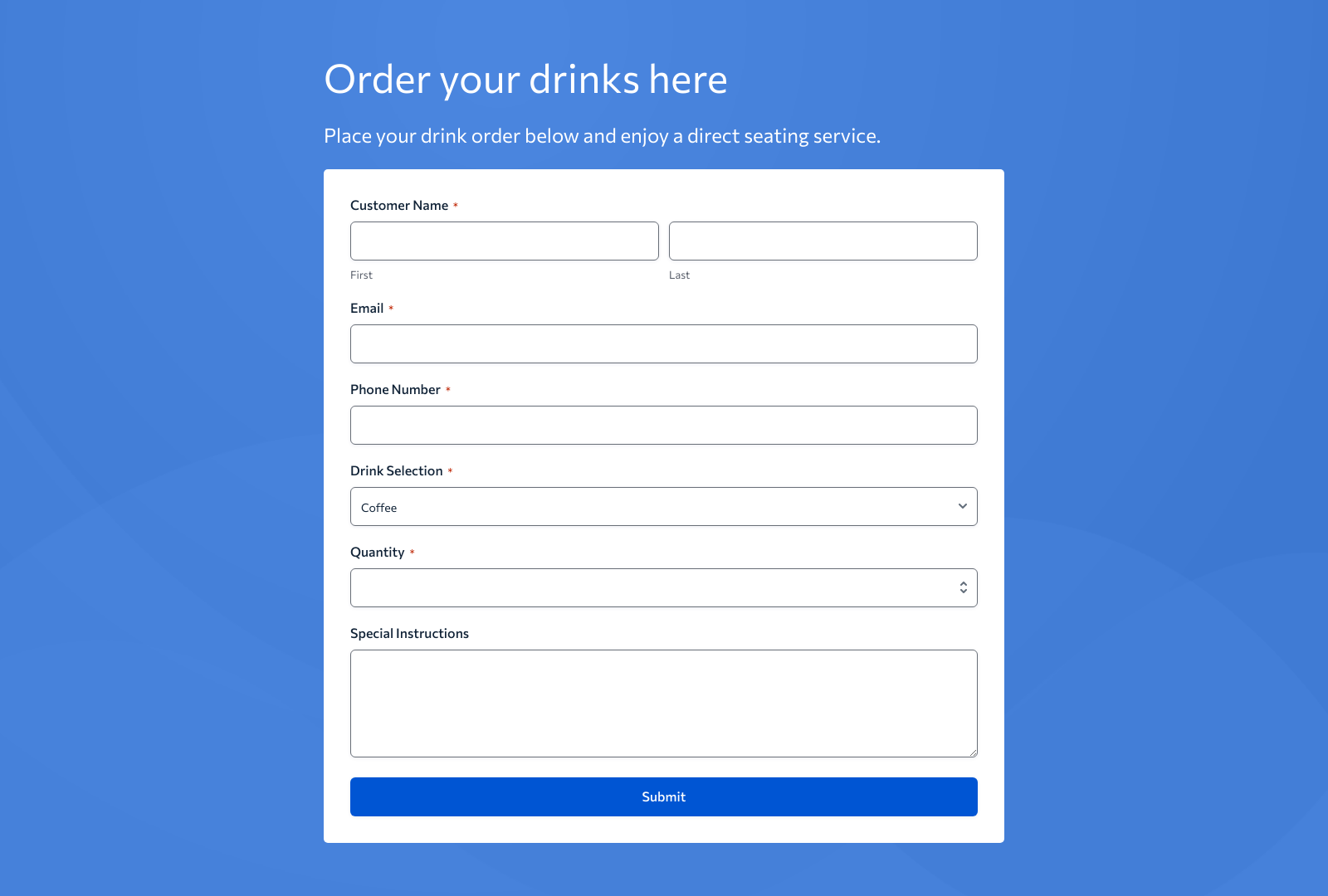 Drink Order Form Template with fields for drink selection, customer details, and Stripe payment button.