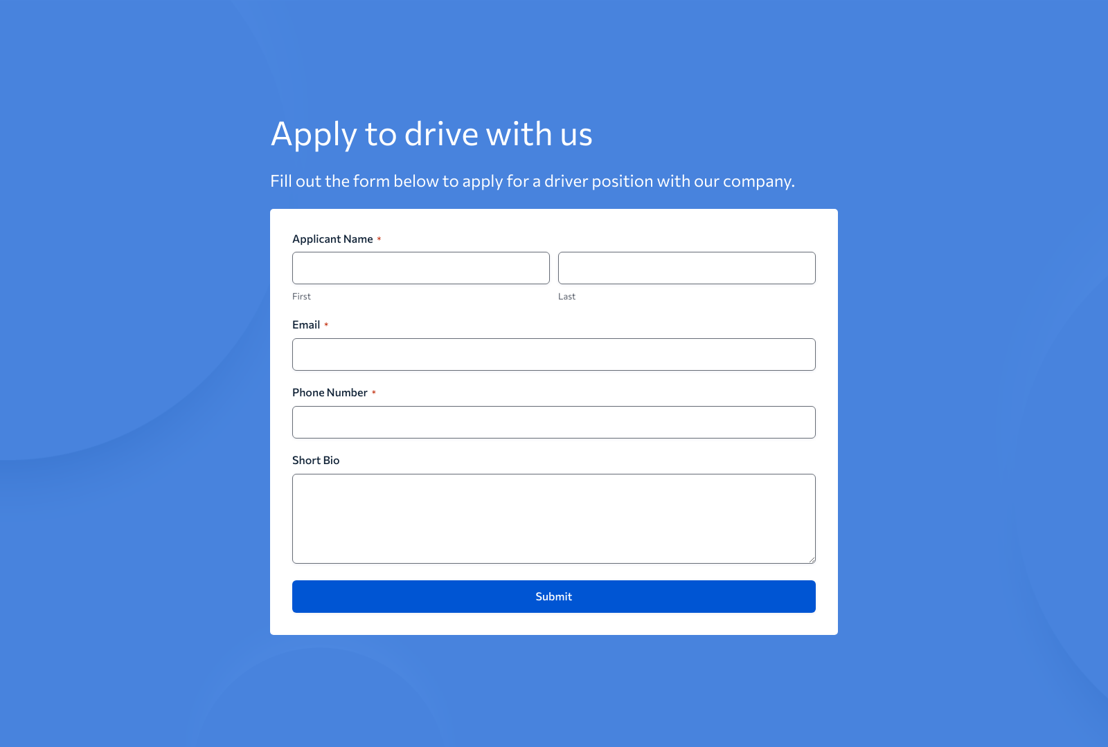 Screenshot of Driver Application Form Template with fields for name, license, and experience.