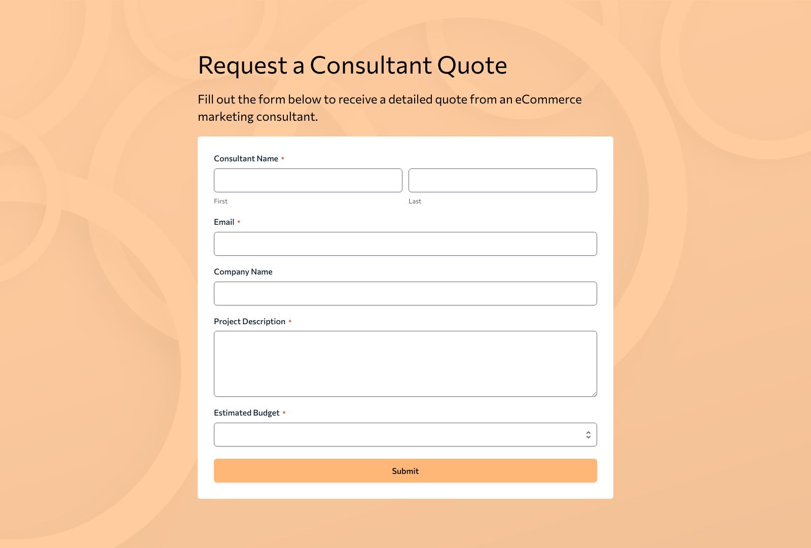 ECommerce Marketing Consultant Quote Form Template with input fields and submit button.