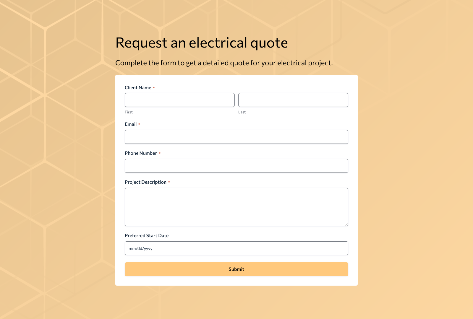Electrical Quote Form Template with fields for client info, project details, and a submit button.