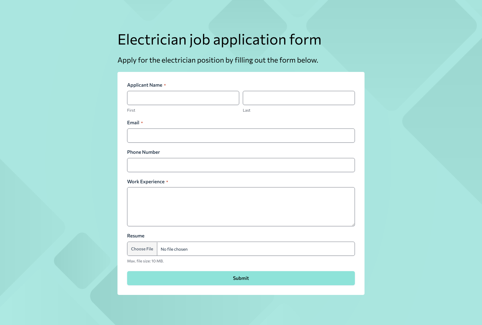 Electrician Job Application Form Template with fields for name, contact info, and experience.