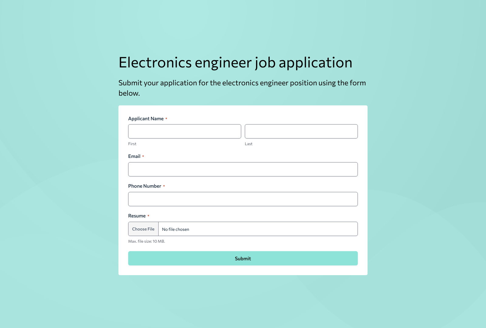 Electronics Engineer Job Application Form Template with fields for name, contact, resume, and submit button.