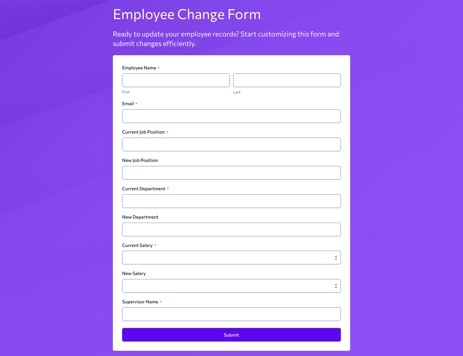 Screenshot of Employee Change Form Template with fields for documenting changes in employee status.