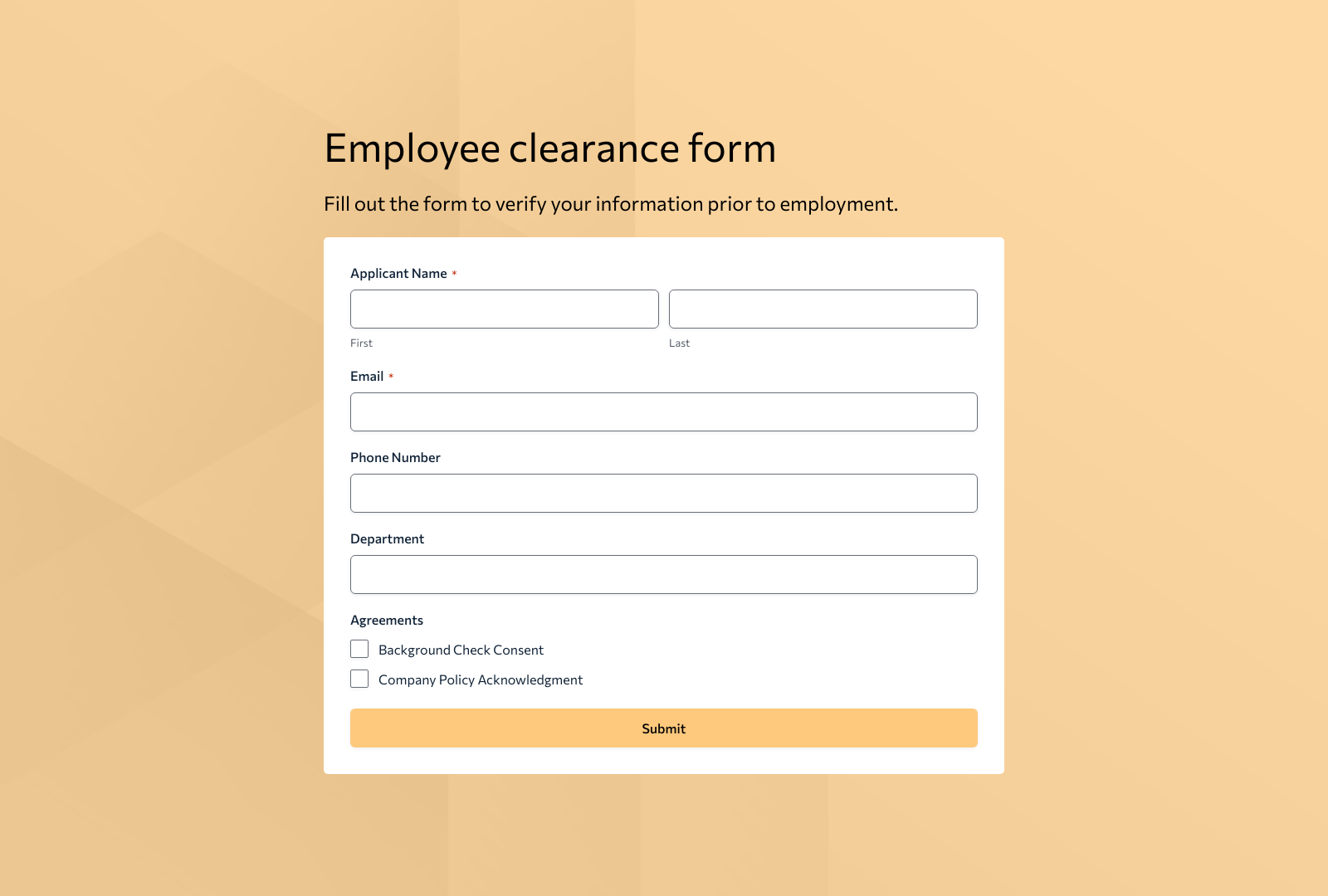 Employee Clearance Form Template with fields for new hire verification and HR onboarding.