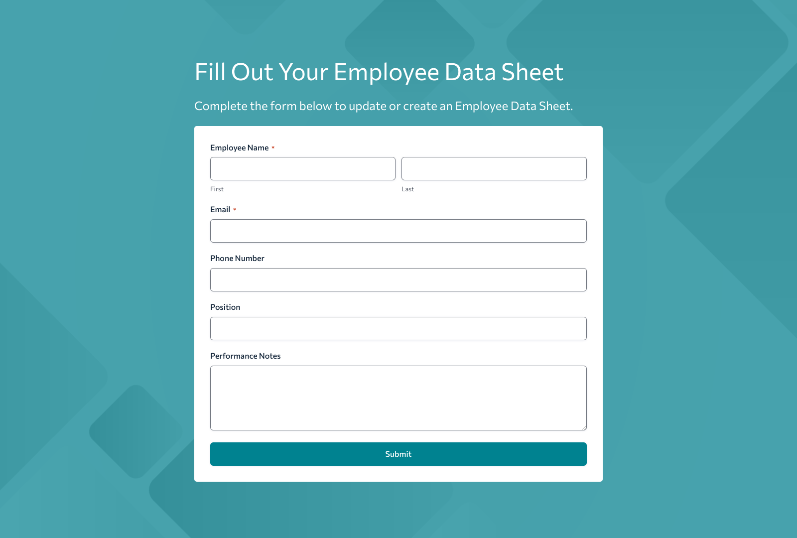 Screenshot of Employee Data Sheet Form Template showing fields for employee information and customizable layout.