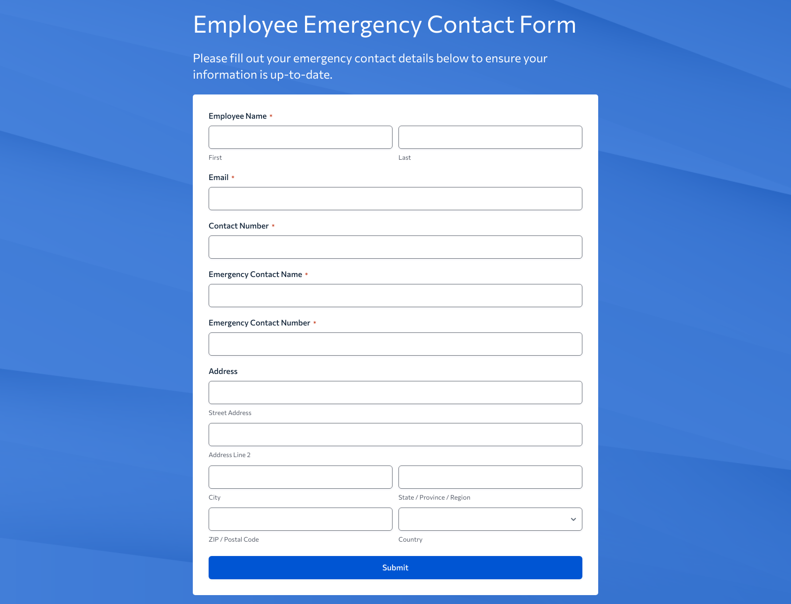 Employee Emergency Contact Form Template with fields for name, phone, and relationship details.