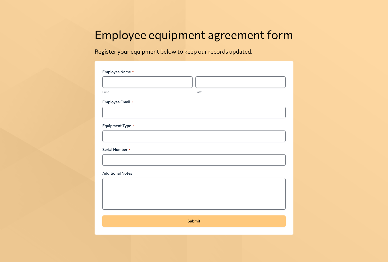 Employee Equipment Agreement Form Template showing input fields and submit button.