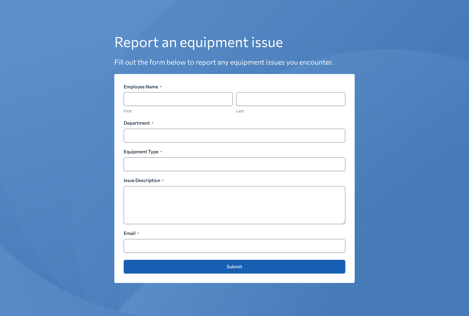 Employee Equipment Issue Form Template with fields for employee details, equipment type, issue description, and submit button.