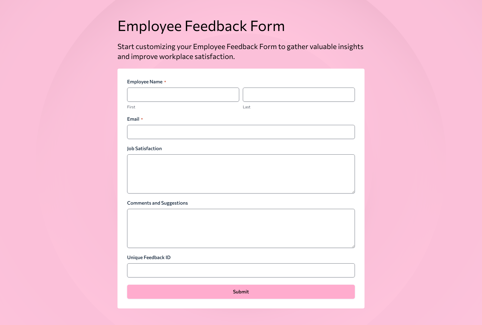 Employee Feedback Form Template with fields for employee name, department, and feedback section.