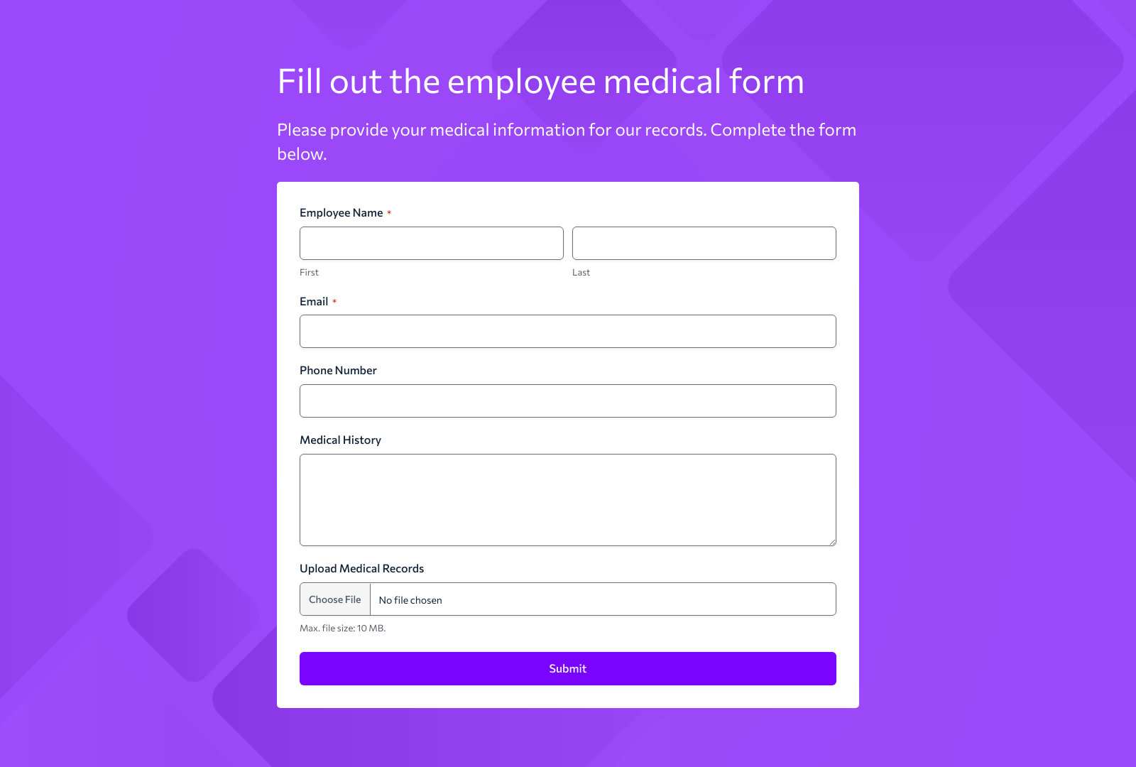 Screenshot of Employee Medical Form Template with fields for personal info, medical history, and submit button.