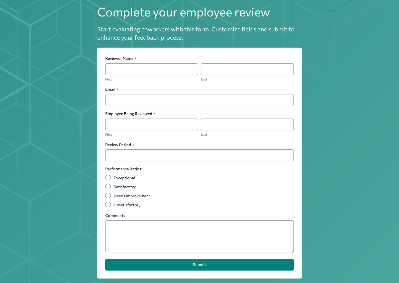 Employee Peer Review Form Template with fields for colleague feedback and submit button.