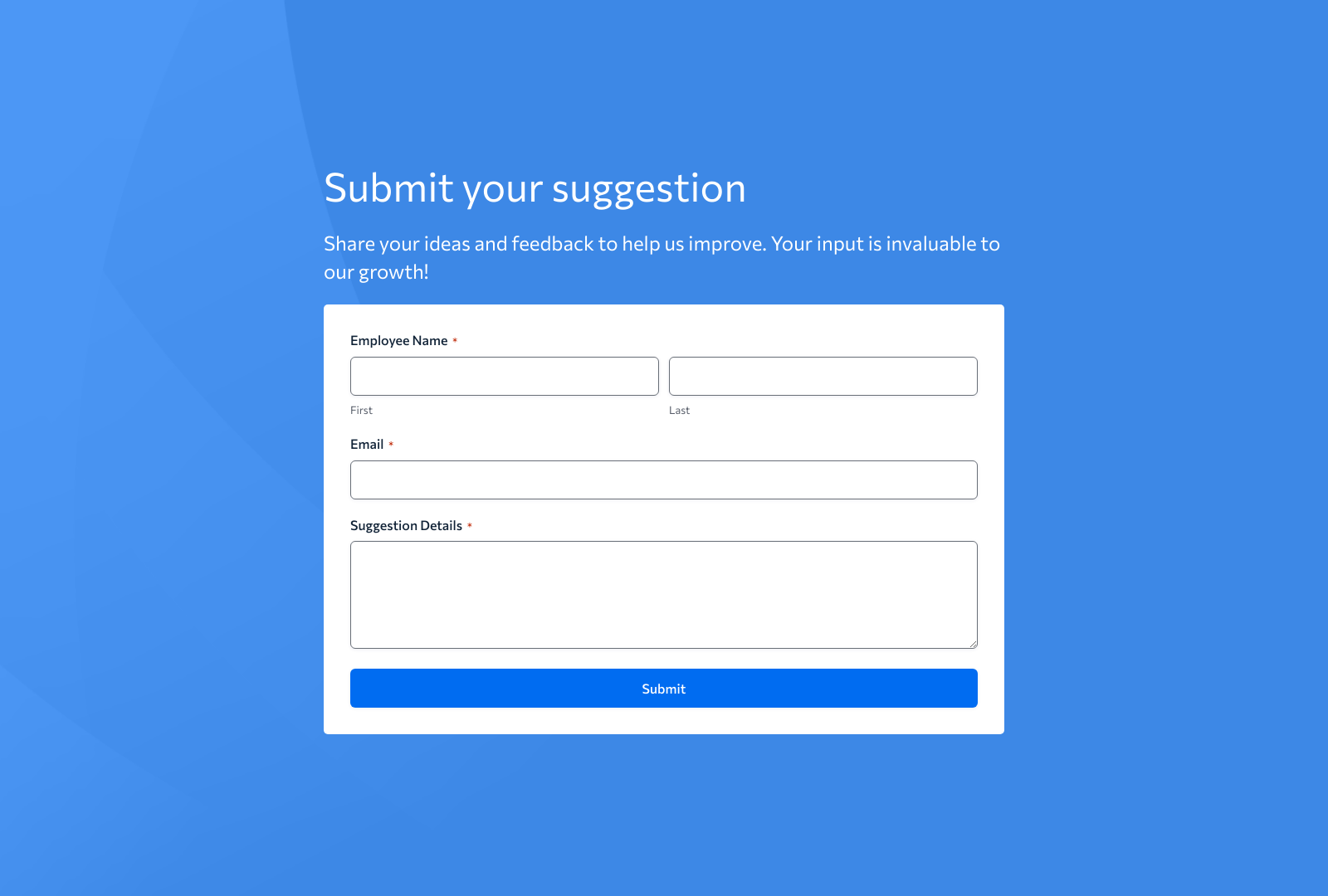 Screenshot of Employee Suggestion Form Template with input fields and submit button.