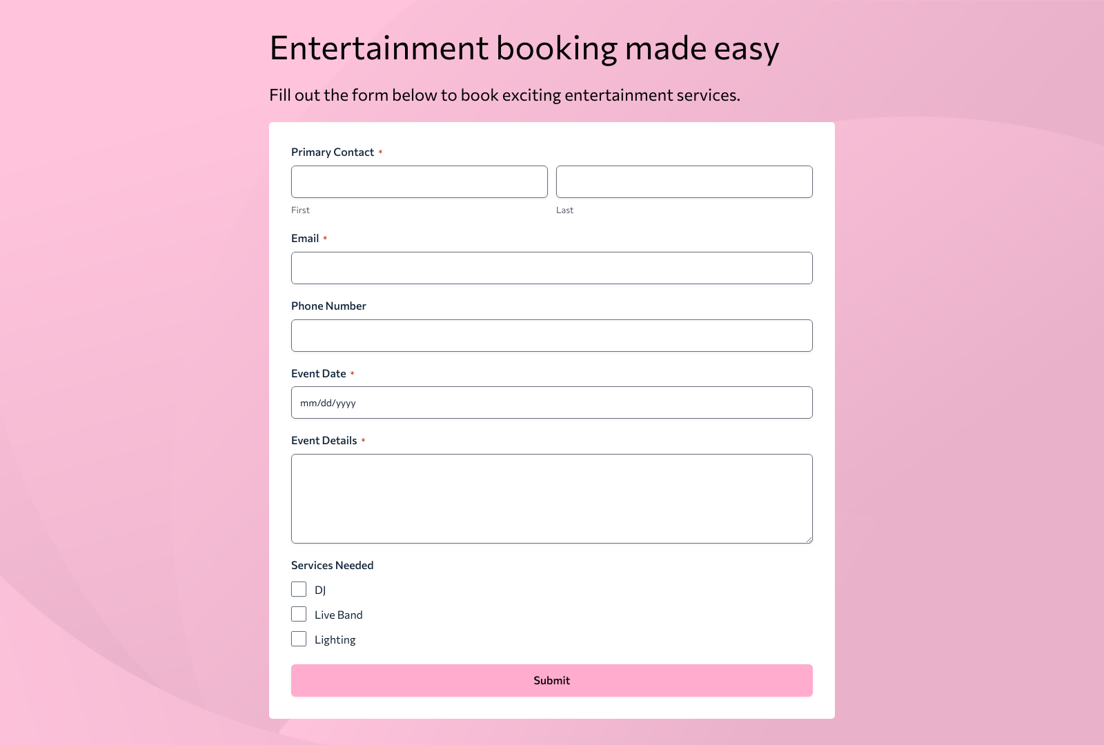 Entertainment Booking Form Template featuring fields for name, date, and contact info with a submit button.
