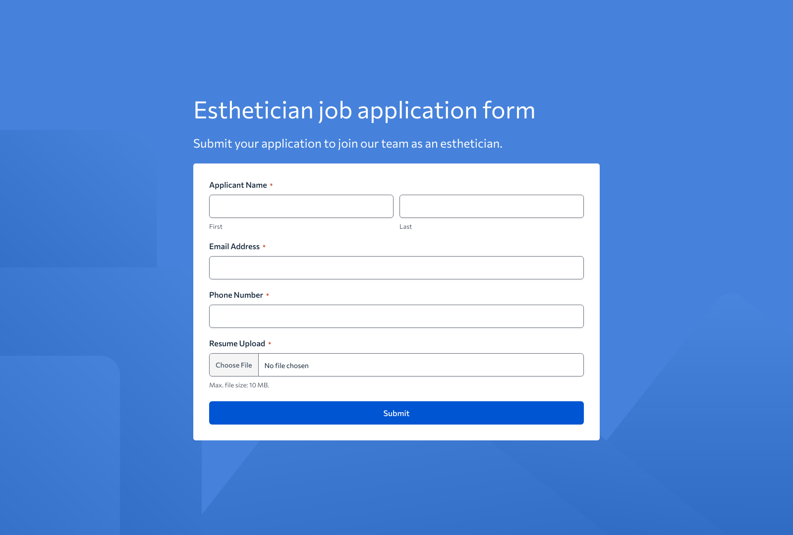 Esthetician Job Application Form Template with fields for name, contact, and experience.