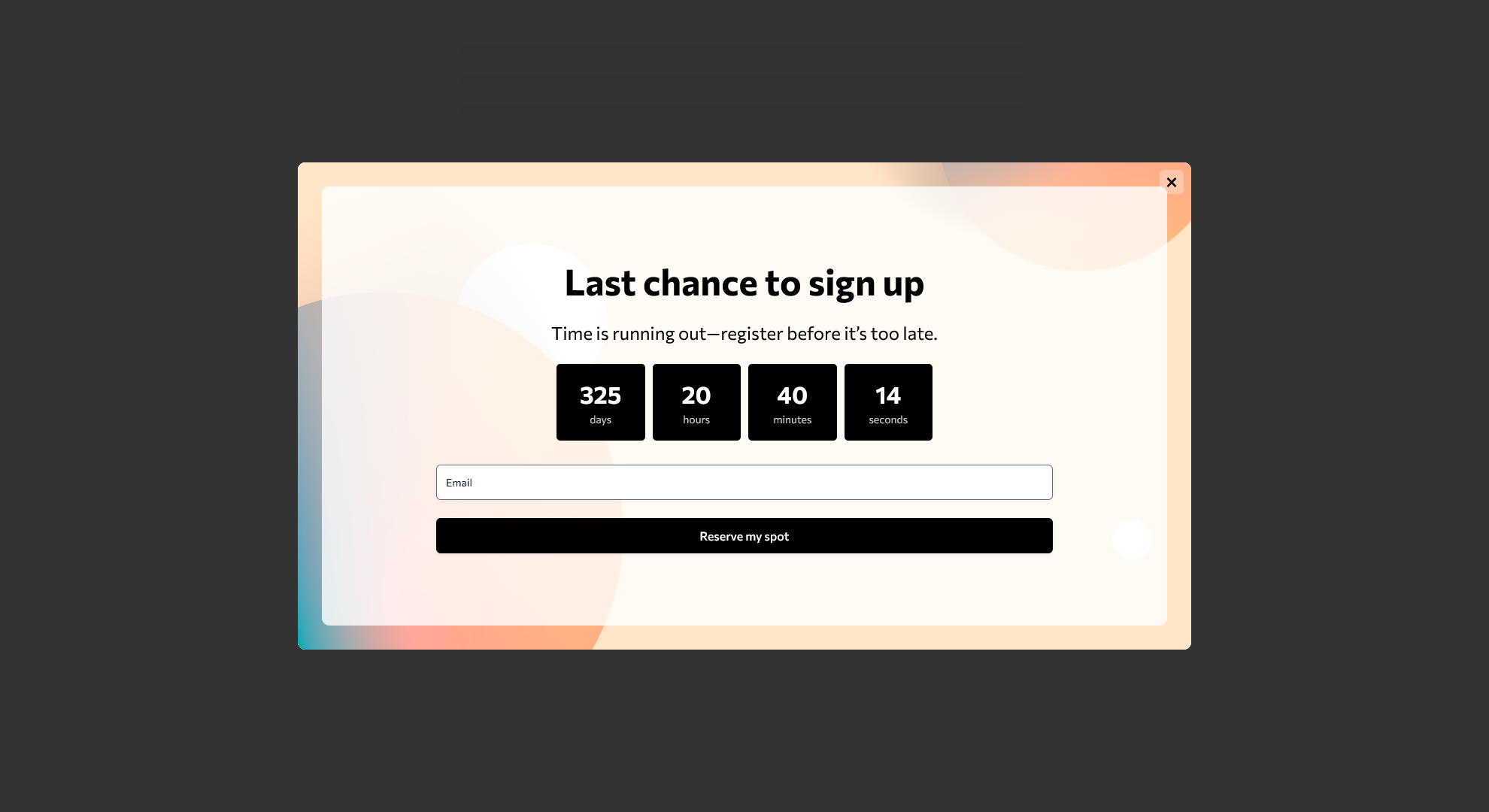 Event Countdown Form Popup Template with fields for attendee info and countdown timer.