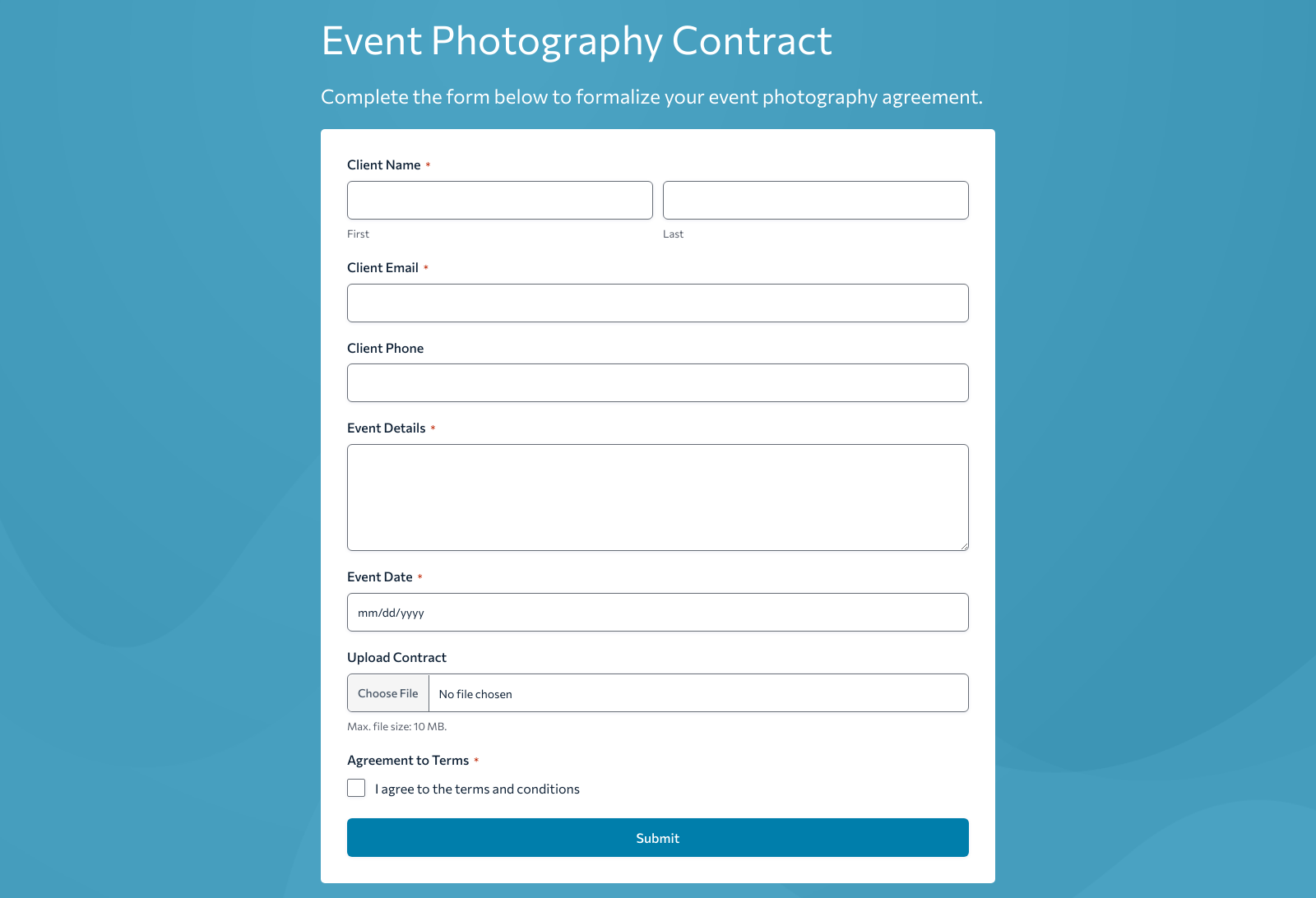 Event Photography Contract Form Template featuring fields for service terms and client signatures.