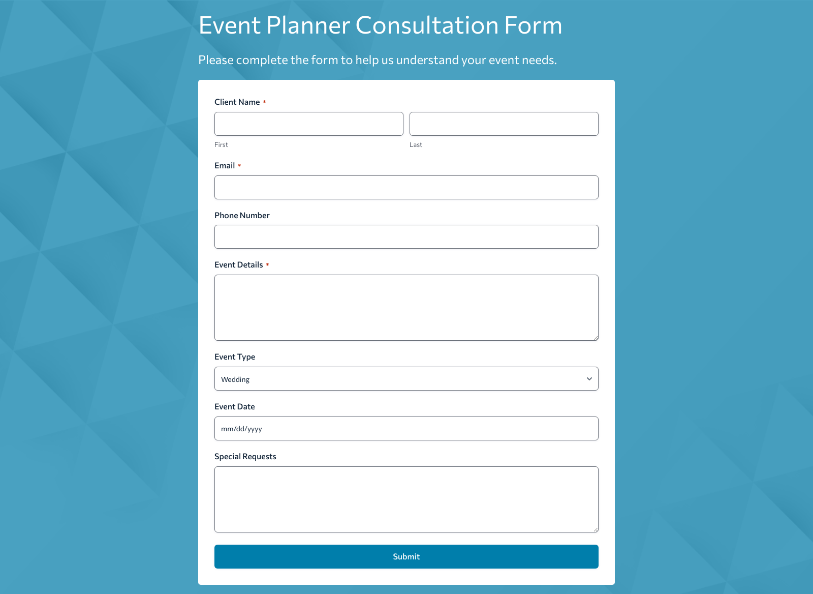 Event Planner Consultation Form Template with fields for client details and event specifics.