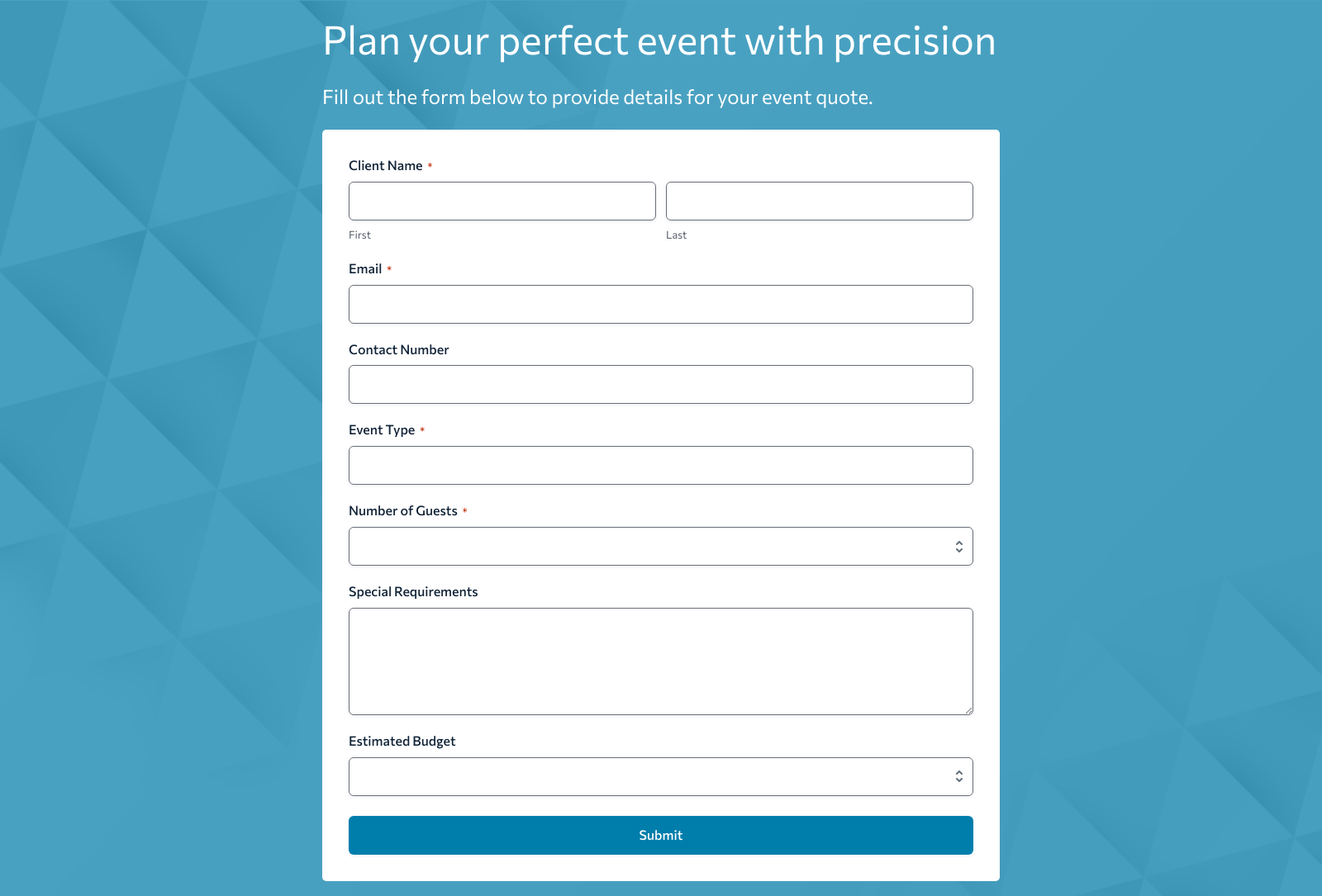 Event Planning Quote Form Template with fields for event details and a submit button.