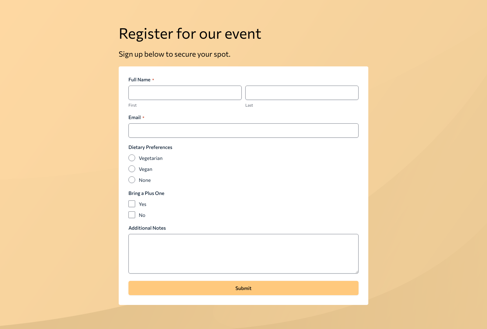 Event Signup Form Template with fields for guest details and preferences, buttons for submission.