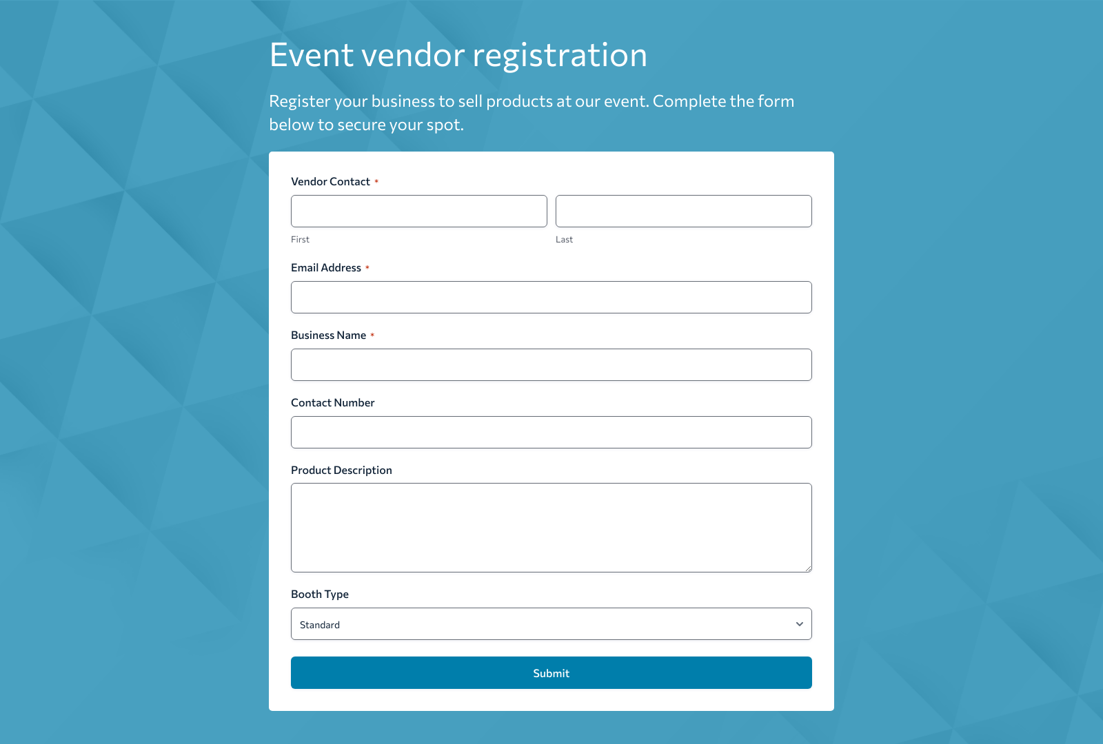 Event Vendor Registration Form Template with input fields and submission button.