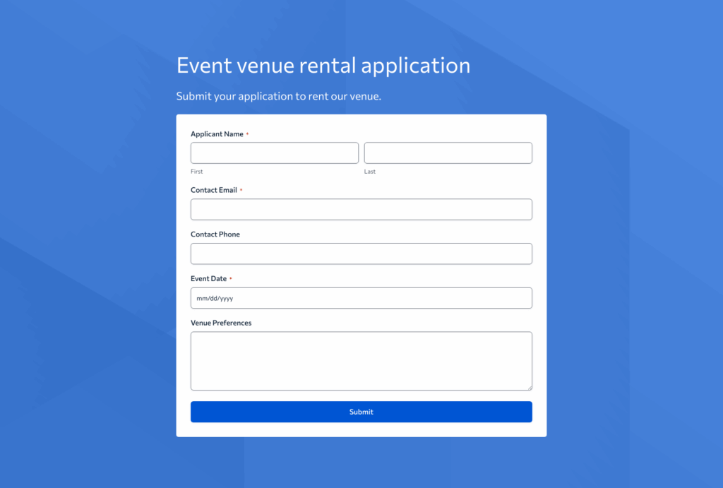 Event Venue Rental Application Form Template – Woorise