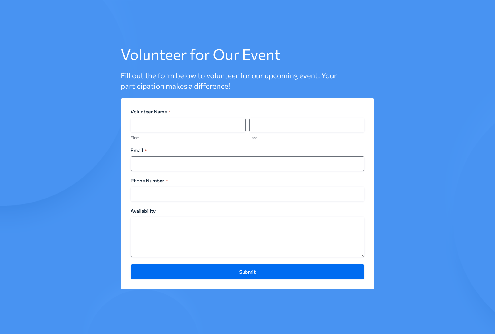 Screenshot of Event Volunteer Form Template with fields for name, contact, and availability.