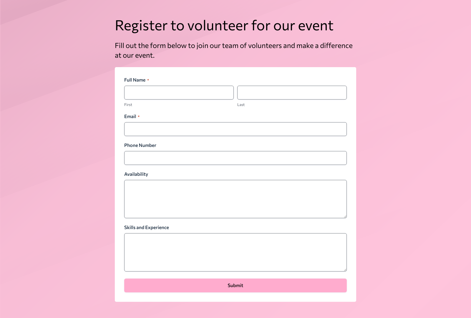 Event Volunteer Registration Form Template with fields for name, email, phone, and availability.