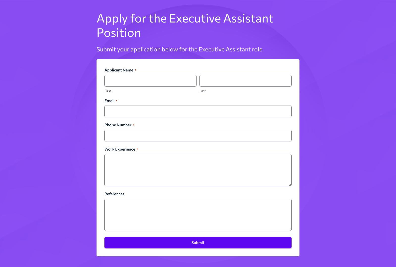 Executive Assistant Job Application Form Template with fields for personal information, experience, and skills.