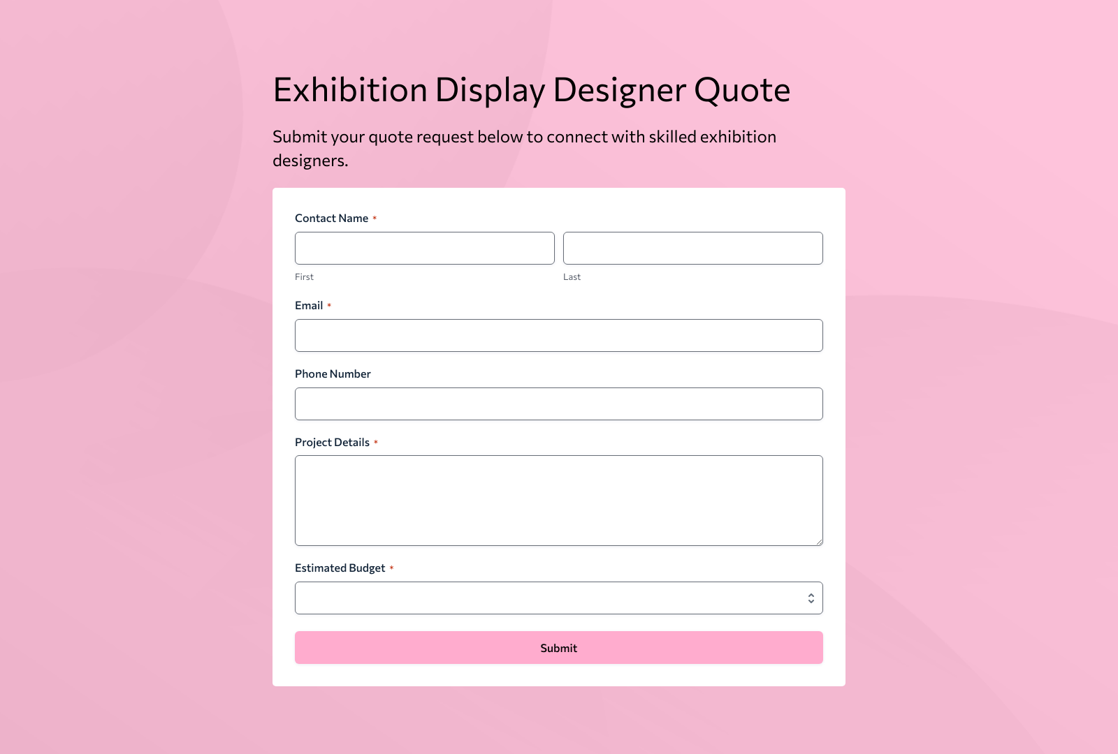 Exhibition Display Designer Quote Form Template with fields for contact info and project details.