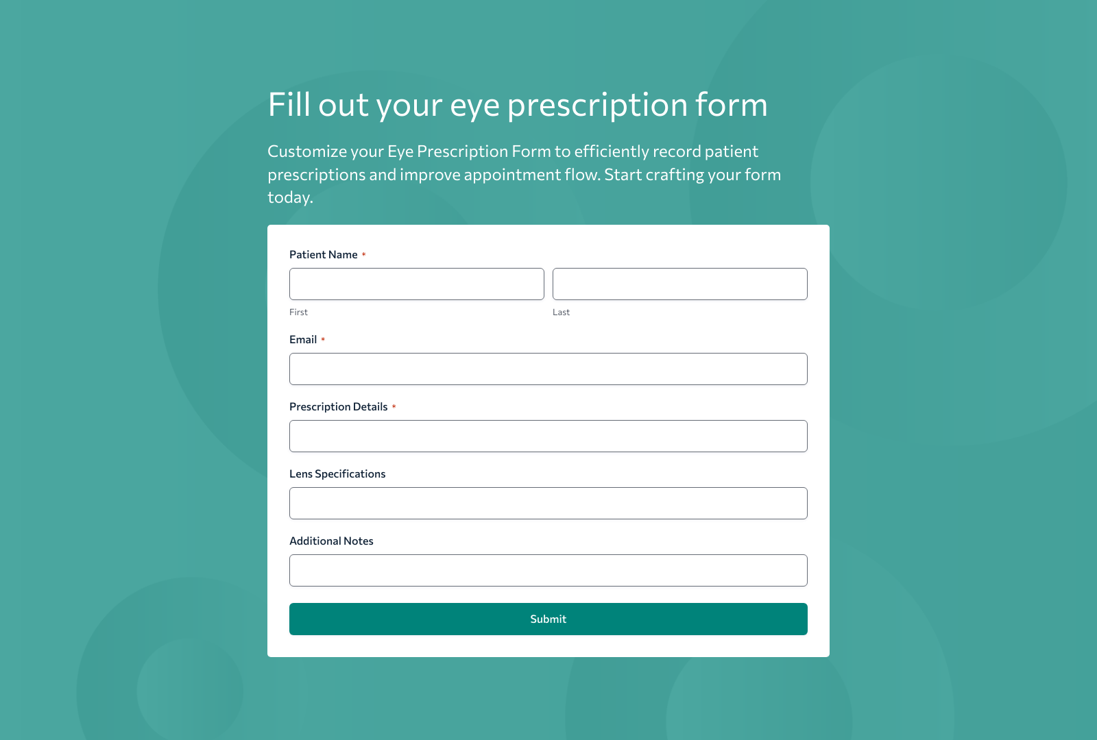 Eye Prescription Form Template with fields for patient details and prescription information.