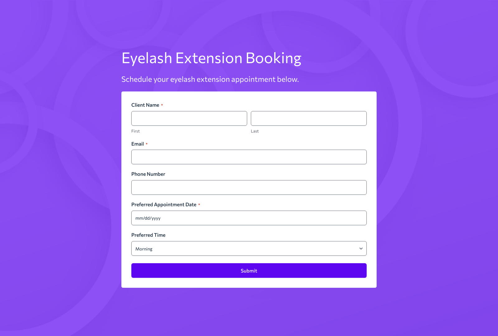 Eyelash Extension Booking Form Template with fields for name, contact details, and appointment options.