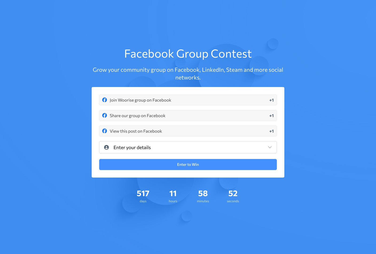 Woorise Facebook Group Contest Template with fields and submit button.