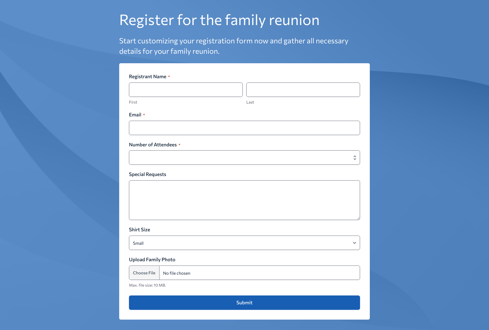 Family Reunion Registration Form Template with fields for attendee details and submit button.