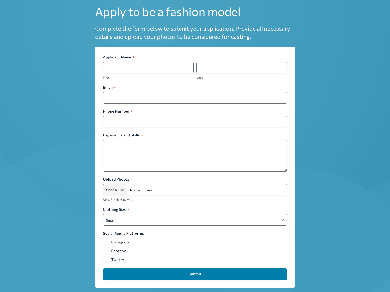 Fashion Model Application Form Template showing applicant fields and submit button.