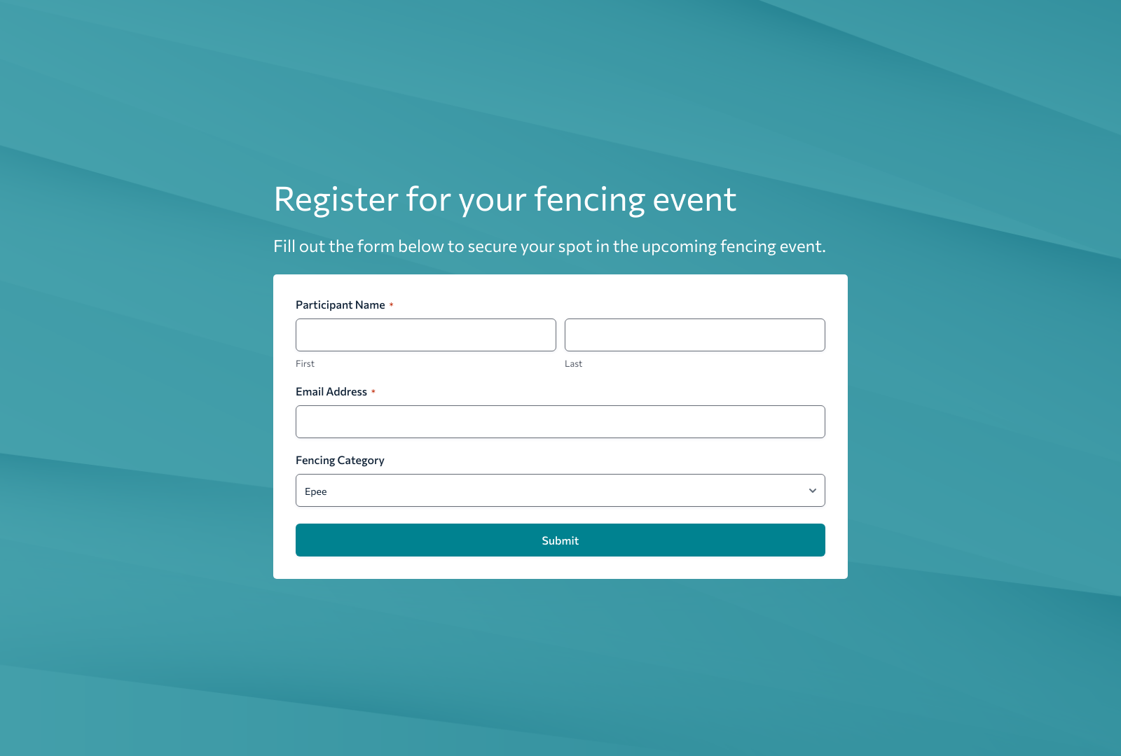 Fencing Registration Form Template showing fields for participant details and submit button.