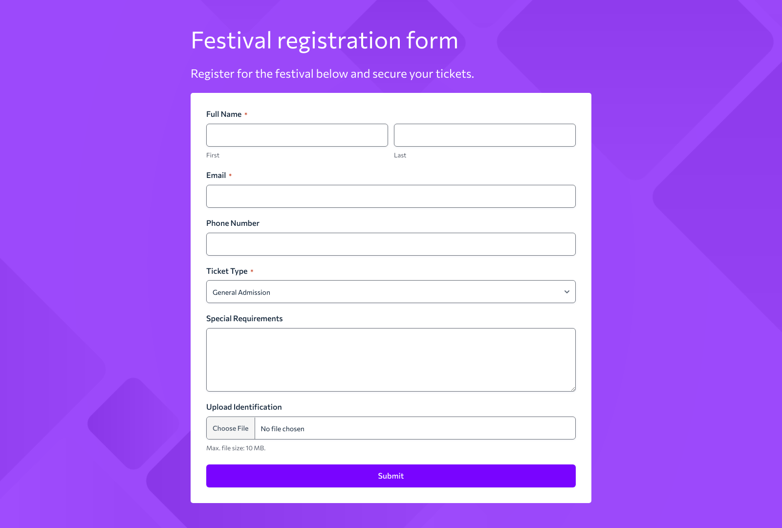 Festival Registration Form Template with fields for attendee info, payment, and submit button.
